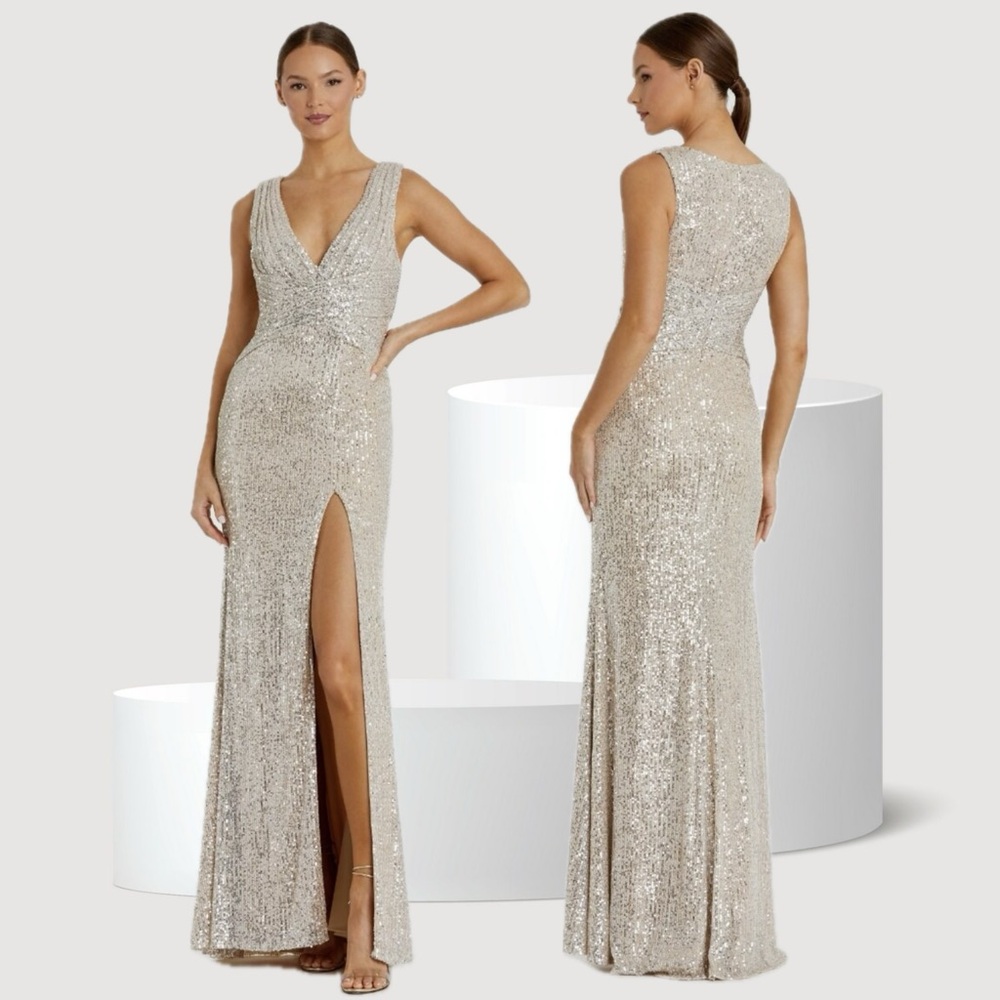 Mac Duggal Ieena 26598 V-Neck Wrap Waist Sequin Gown Dress New Champagne Formal